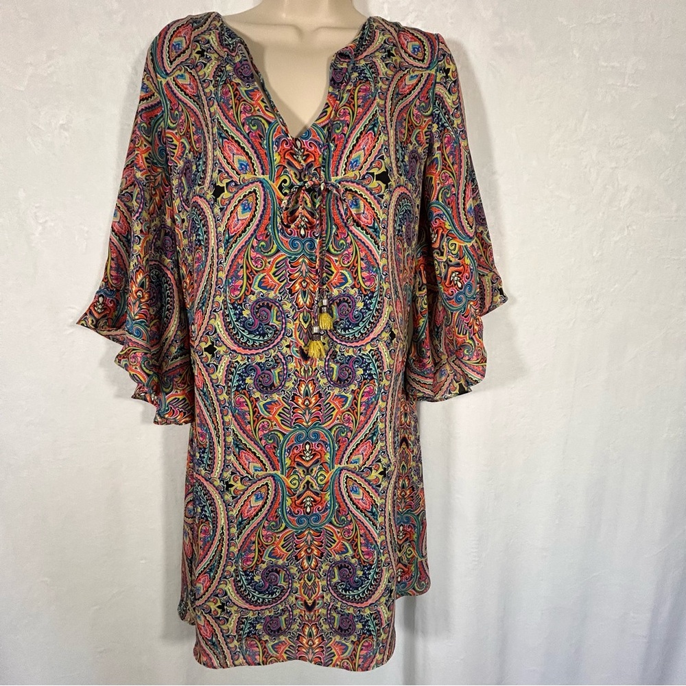 Atina Cristina Boho Bell Sleeved Paisley Women's Mini Dress Sz XS Hippie “60’s”
